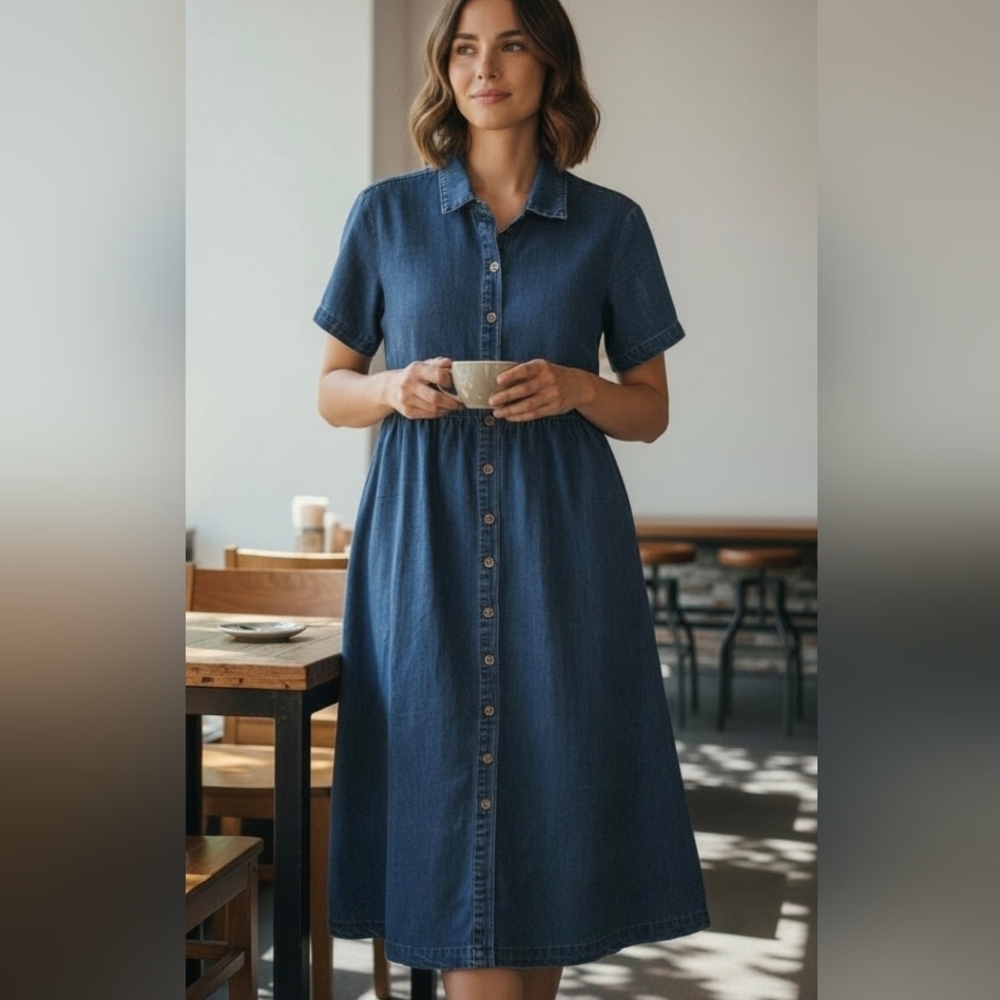 NEW Denim Blue Button-Down Dress.Size S Brand Chou Yotou75% Cotton